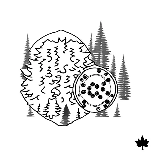 A Minimalist Tattoo Of A Hockey Puck Nestled Among Pine Trees In A Canadian Forest