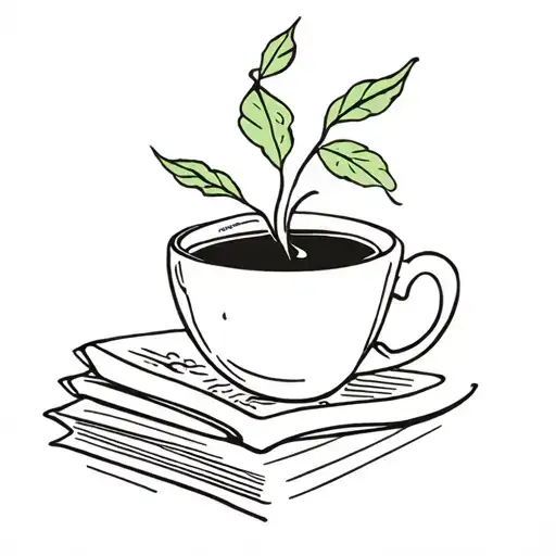 A Minimalist Tattoo Of A Coffee Cup With A Book And A Plant Growing Out Of It