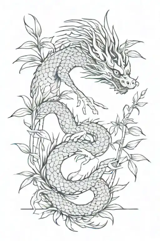 Traditional Japanese Dragon Going Through A Thin Bamboo Forest