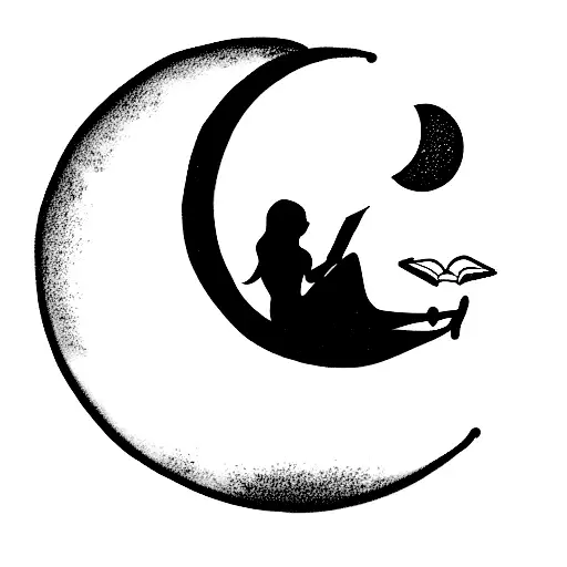 Girl Sitting On A Crescent Moon And Reading A Book