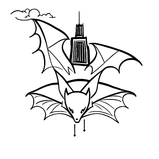 A Minimalist Tattoo Of A Bat Flying Over The Chicago Skyline