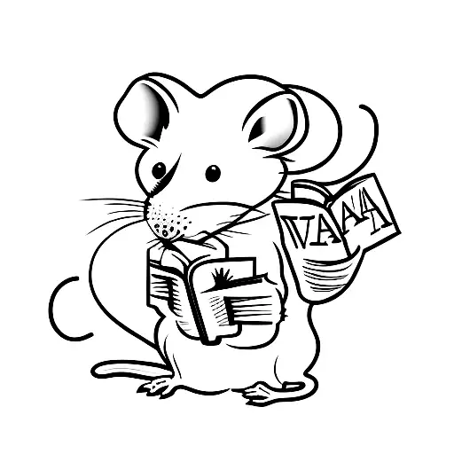 A Minimalist Tattoo Of A Rat Reading A Book With A Las Vegas Sign In The Background