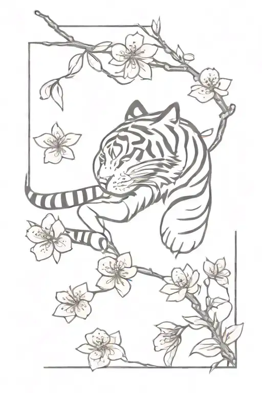 Tiger And Cherry Blossom Petals Falling