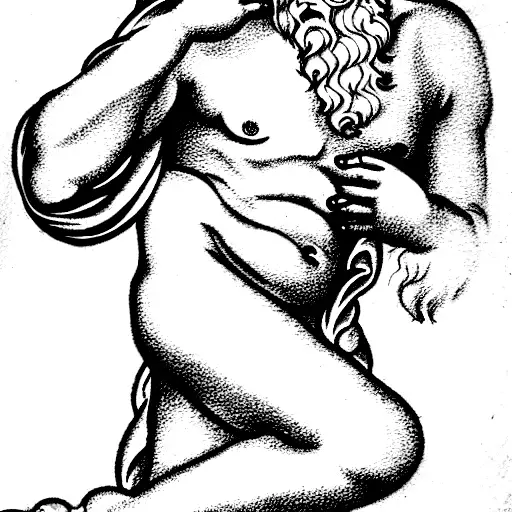 Black & White Tattoo Drawing Of The Greek God Dionysos In The Style Of Michelangelo