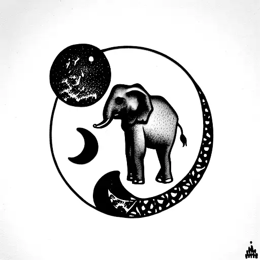 Matching Tattoo Mix With An Elephant And The Moon