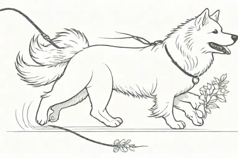 White Samoyedo Held On A Leash By Two Small Children As He Runs Towards A Flower