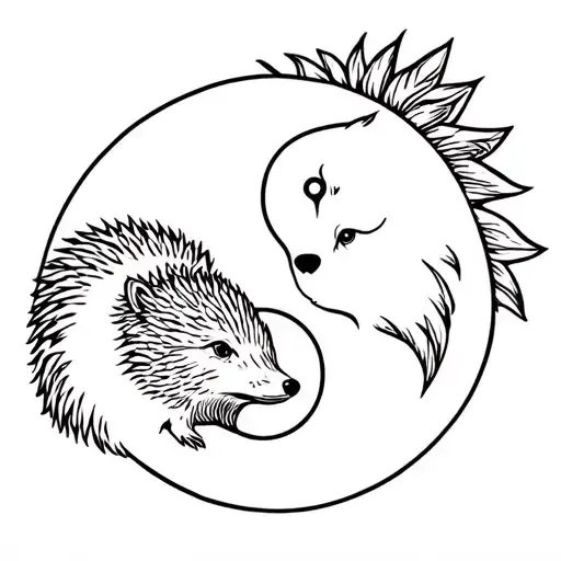 Hedgehog And Wolf In Profile In A Stylized Yin Yang