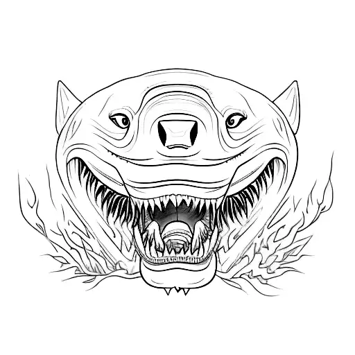 Create A Tattoo Featuring A Mix Of A White Shark Jaw And Grizzly Bear Paws In A Black-grey Style