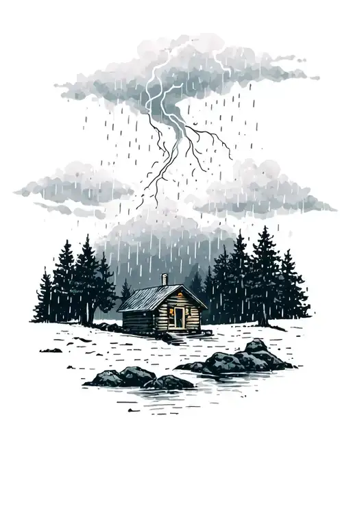 Hygge Painting Of Ladscape With Thunderstorm And Heavy Rain With Trees And Woodcabin