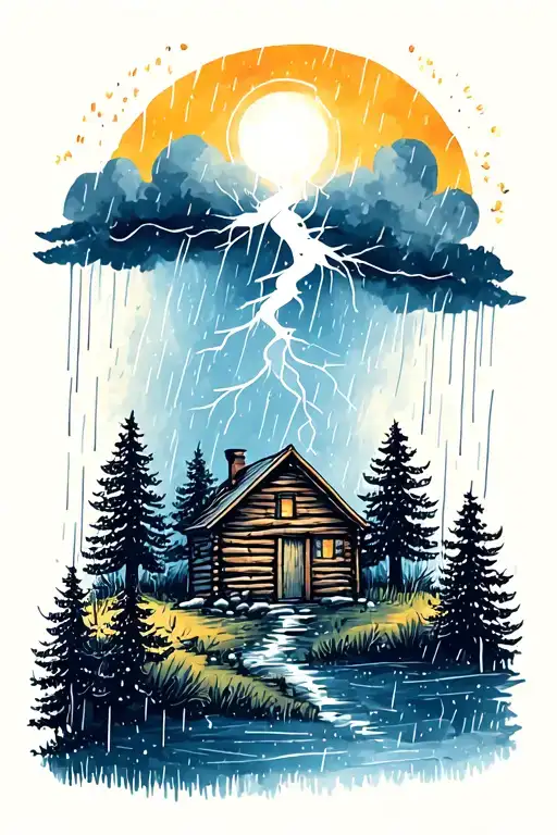 Hygge Painting Of Ladscape With Thunderstorm And Heavy Rain With Trees And Woodcabin