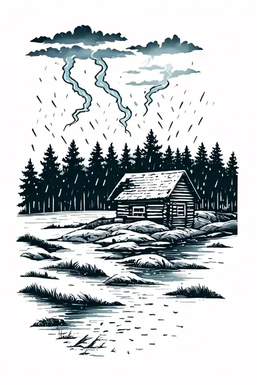 Hygge Ladscape With Thunderstorm And Heavy Rain With Trees And Woodcabin