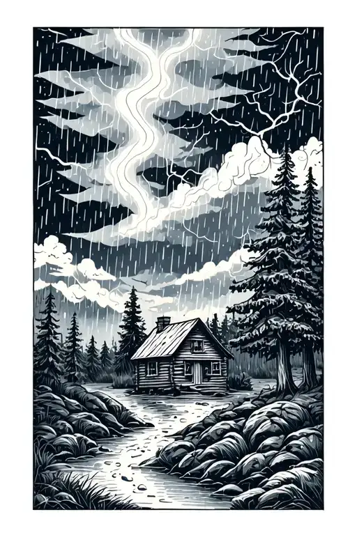 Hygge Ladscape With Thunderstorm And Heavy Rain With Trees And Woodcabin