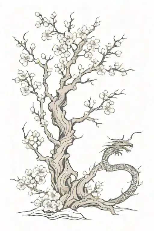 Cherry Blossom Tree And Japanese Dragon