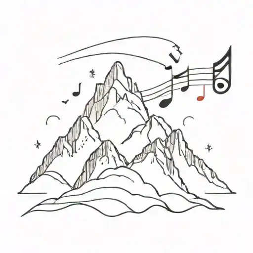 A Minimalist Design Of A Snow-capped Mountain Range With Musical Notes Floating In The Sky