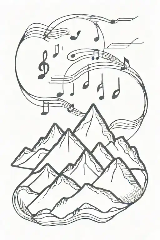A Minimalist Design Of A Snow-capped Mountain Range With Musical Notes Floating In The Sky