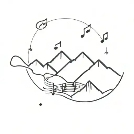 A Minimalist Design Of A Snow-capped Mountain Range With Musical Notes Floating In The Sky