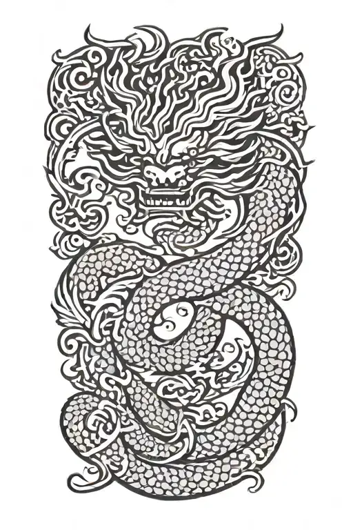 One Korean Dragon And Flourish Pattern In Blackwork