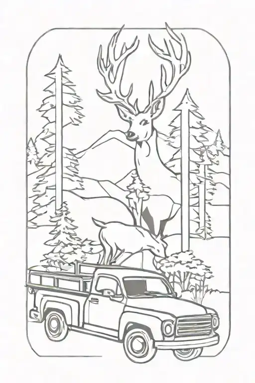 Deer Head With Trees And Dogs In A Truck