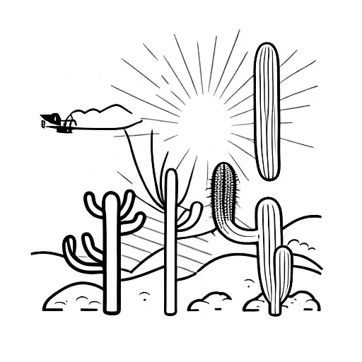 A Silhouette Of A Plane Flying Over A Beach With A Cactus In The Foreground