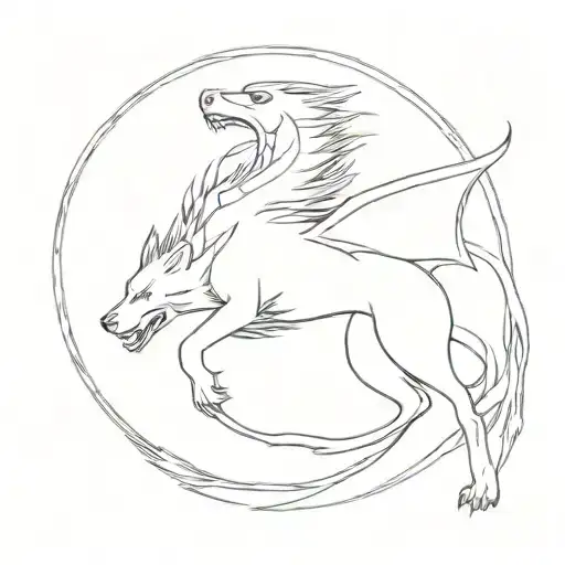 Outline Of Wolf Chasing Outline Of Dragon Around The Outside Of A Blank Circle