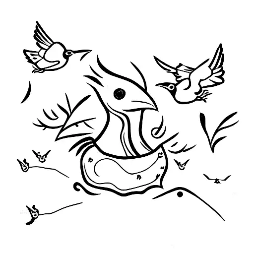 Raven With Little Birds Flying Out Of The Nest