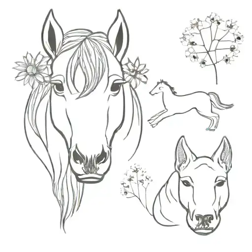 Horse Face And Dog Face With Horseshoe And Dog Paw And Dandelions