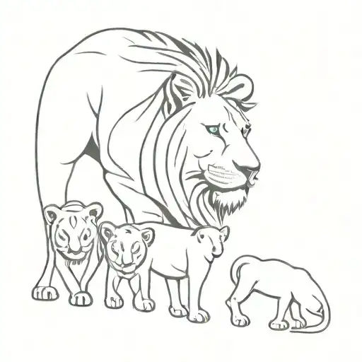A Lion With A Lioness And 3 Lion Cubs