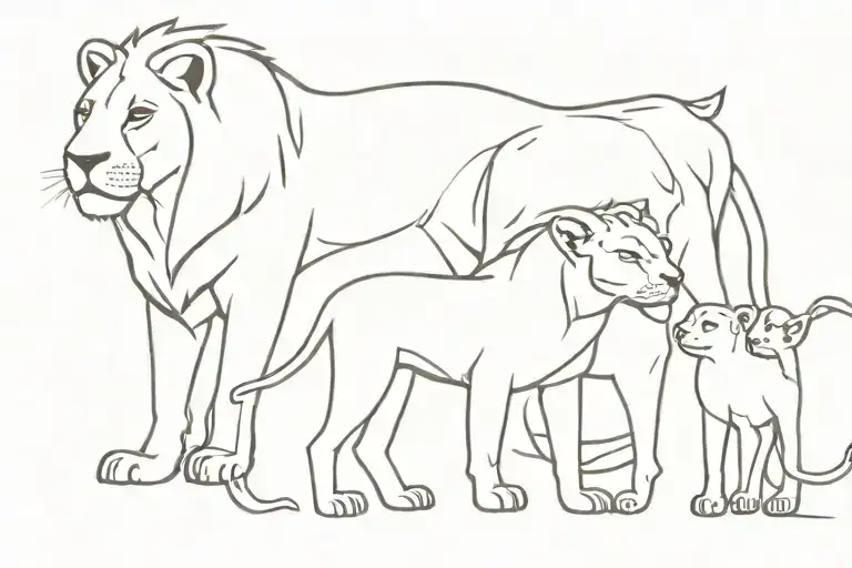 A Lion With A Lioness And 3 Lion Cubs