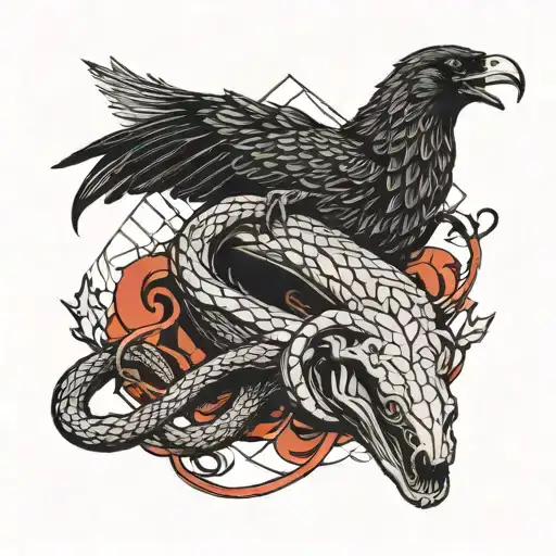 A Snake And A Crow Fighting An Eyeball Coffin