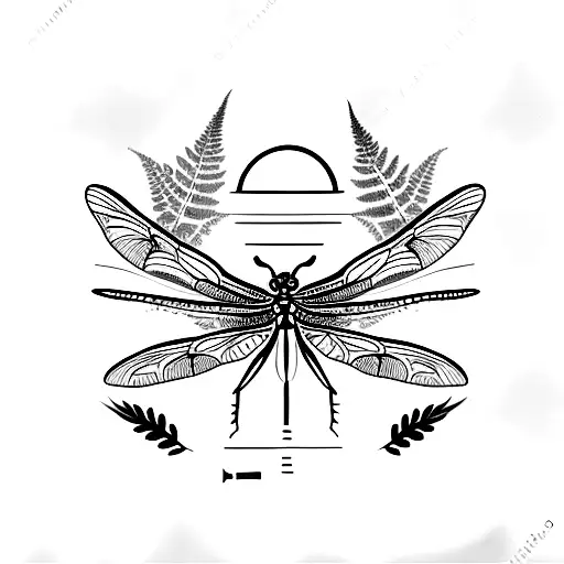 Flying Dragonfly With Fern Tree In Black And Grex