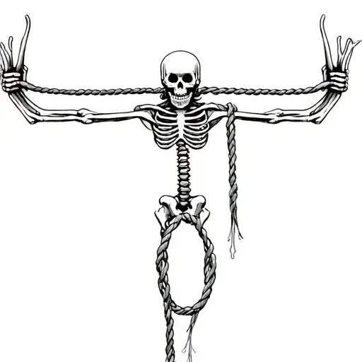 Skeloton Being Hung With A Noose Around His Neck With Sign Of The Horns On Both Hands