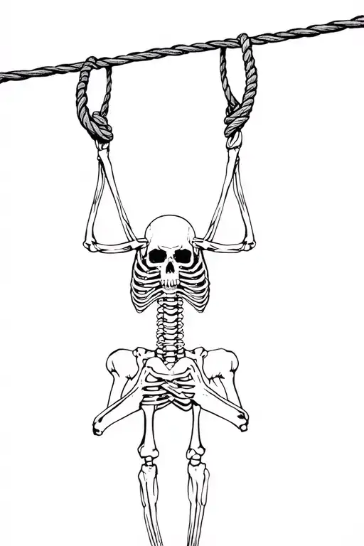 Skeloton Being Hung With A Noose Around His Neck With Sign Of The Horns On Both Hands