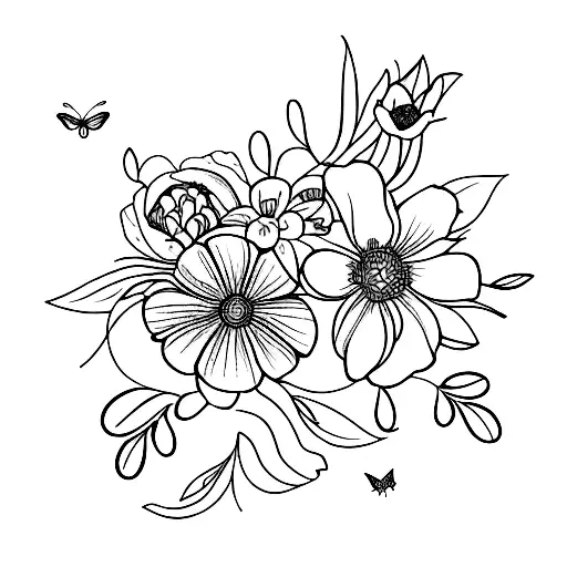 June And August Birth Flower Fineline With A Butterfly Above Bouquet