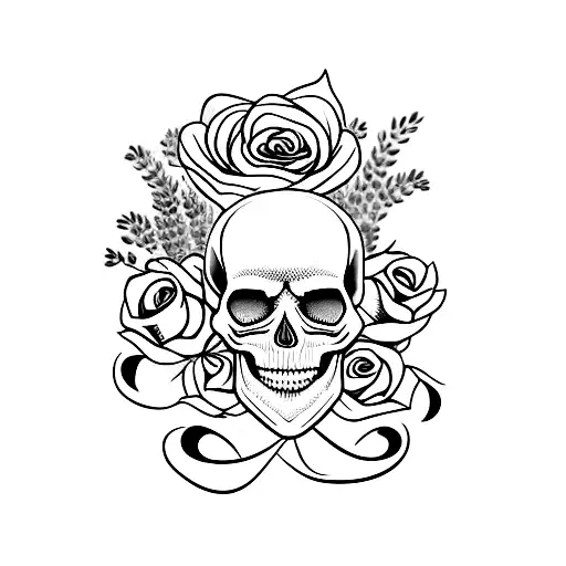 Skull With Lavender And Roses Around Its Head And Face