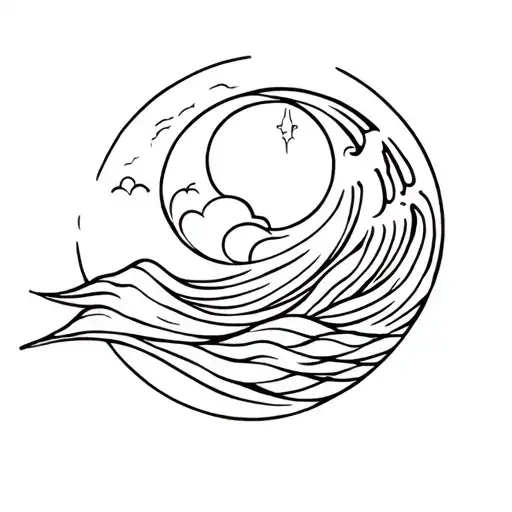 Ocean Wave Merging With A Sun And Moon