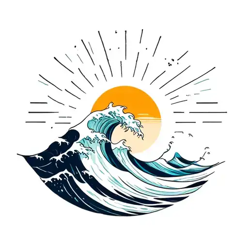 Ocean Wave With A Sun And Moon Surrounded
