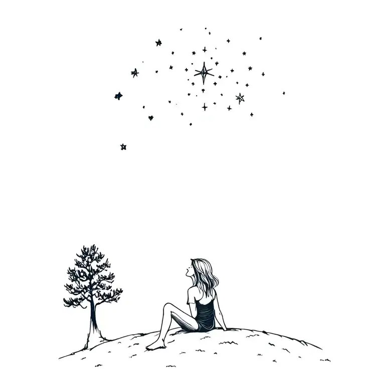 Girl Sitting On A Hill Looking Up At The Stars With A Tree Next To Her
