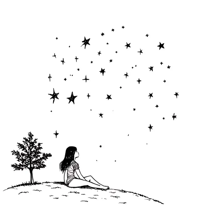 Young Girl Sitting On A Hill Looking Up At The Stars With A Tree Next To Her