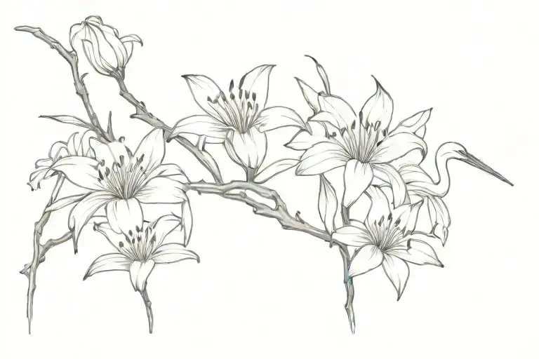 Crane And Japanesse Spider Lily Flowers Blooming