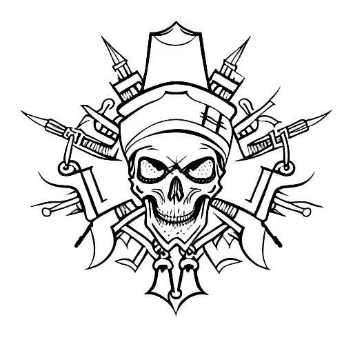 A Hooded Skeleton Holds Two Crossed Swords Above His Head