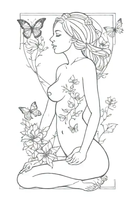 Flowers And Butterflies Surrounding Female Body
