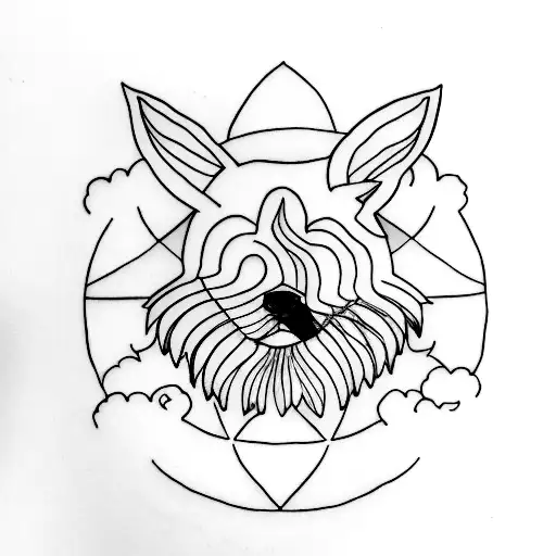 A Minimalist Tattoo Design Of A Lone Dog Gazing At The Sunflower Field Under The Moonlight