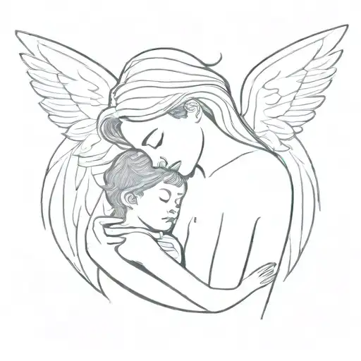 An Angel Embracing A Mother And Son In A Minimalist Style