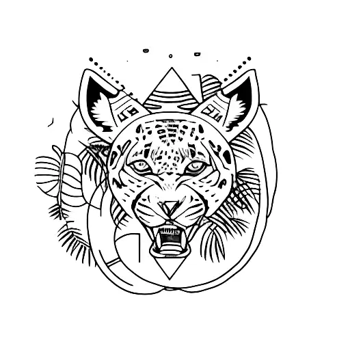 A Minimalist Tattoo Design Of A Jaguar Dancing To The Rhythm Of Music Among Lush Jungle Plants