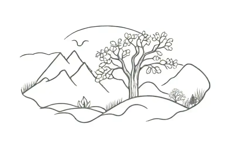 Oak Tree And Mountains And Snowdrops Black And White Outline