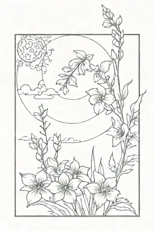 Gibbous Moon And Delphinium Flowes With The Cancer