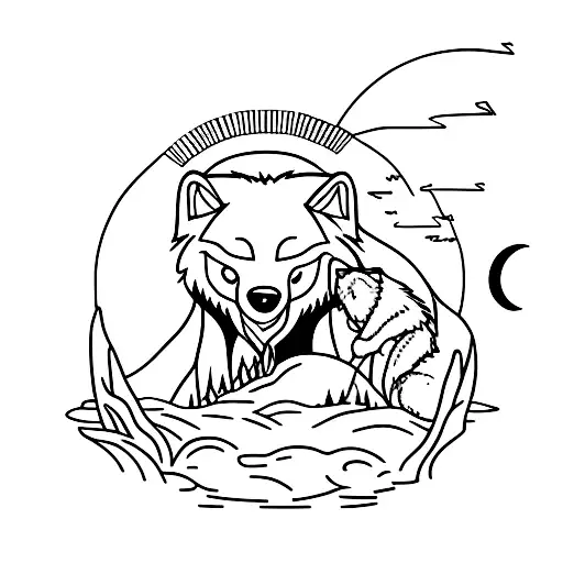 Child Wolf Drinking Water Surrounded By Nature Tattoo