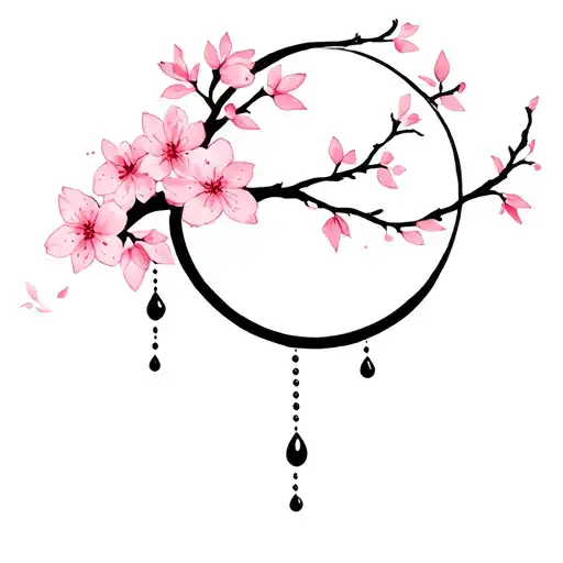 Black Moon With Bead Drops And Pink Cherry Blossoms