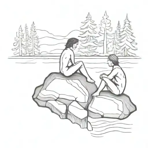 Two Young Mavkas Siting On A Rock In Water In A Forest Facing Each Other