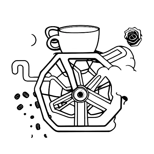 A Minimalist Tattoo Design Combining A Bicycle Wheel And A Steaming Coffee Cup